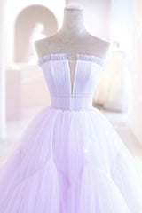 Bachelorette Party Outfit, Purple Strapless Tulle Long Formal Gown, Purple A-Line Evening Dress