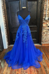 Party Dresses Europe, Blue Tulle Lace Long Prom Dress, V-Neck Formal Evening Dress