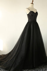 Bridesmaids Dress Style, Black A-Line Spaghetti Strap Long Prom Dresses, Black Evening Dresses