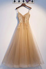 Gown Dress Elegant, Yellow Tulle Lace Long Prom Dress, A-Line Lace Evening Dress