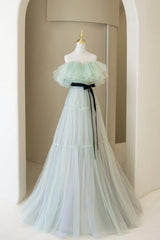 Prom Dress Long Formal Evening Gown, Green Tulle Floor Length Prom Dress, A-Line Off Shoulder Evening Dress