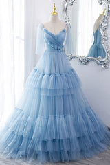 2044 Prom Dress, A-Line Tulle Long Prom Dresses, V-Neck Spaghetti Strap Long Princess Dresses