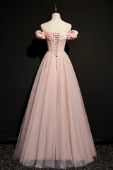 Wedding Invitations, Pink Tulle Off the Shoulder Prom Dress, Beautiful A-Line Evening Dress