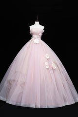 Blue Dress, Lovely Pink Tull Applique Ball Gown Formal Dress, Pink Sweet 16 Dress