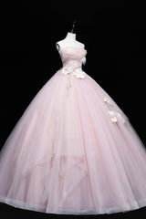 Evening Dress Elegant, Lovely Pink Tull Applique Ball Gown Formal Dress, Pink Sweet 16 Dress