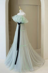 Prom Dresses Long Formal Evening Gown, Green Tulle Floor Length Prom Dress, A-Line Off Shoulder Evening Dress