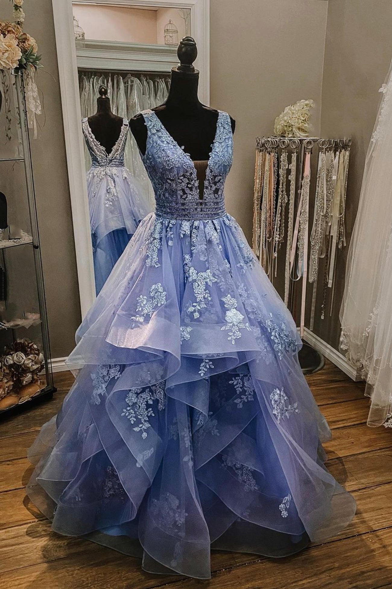 Party Dress Code Man, Blue V-Neck Tulle Lace Long Prom Dresses, A-Line Evening Dresses