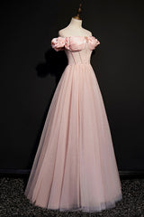 Bridesmaid Dress Long Sleeve, Pink Tulle Off the Shoulder Prom Dress, Beautiful A-Line Evening Dress