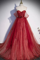 Formal Dresses For Teen, Burgundy Sweetheart Neckline Tulle Long Prom Dress, A-Line Evening Dress