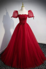 Party Dress Wedding, Red Beaded Tulle A-Line Long Formal Dress, Red Prom Dress