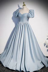 Wedding Guest, Blue Satin Pearl Long Prom Dress, Blue A-Line Short Sleeve Evening Dress