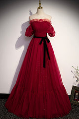 Formal Dress Off The Shoulder, Burgundy Tulle Long Prom Dresses, A-Line Evening Dresses