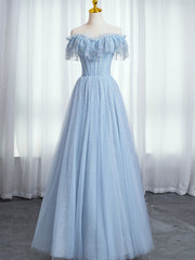 Party Dress And Style, Blue Sweetheart Beaded Off the Shoulder Prom Dress, A-Line Blue Evening Dress