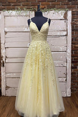 Dinner Dress Classy, Yellow V-Neck Lace Long Prom Dress, A-Line Evening Dress