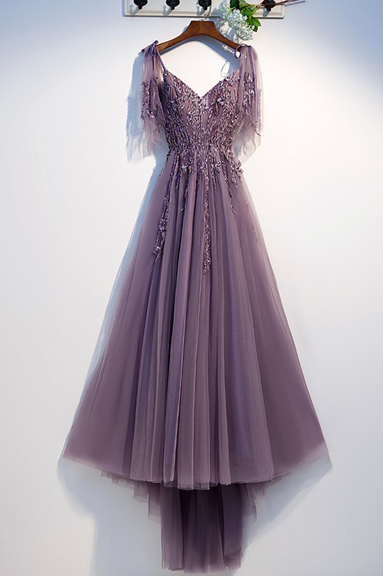 Spring Wedding Color, Purple Tulle Lace Long Prom Dresses, A-Line Evening Party Dresses