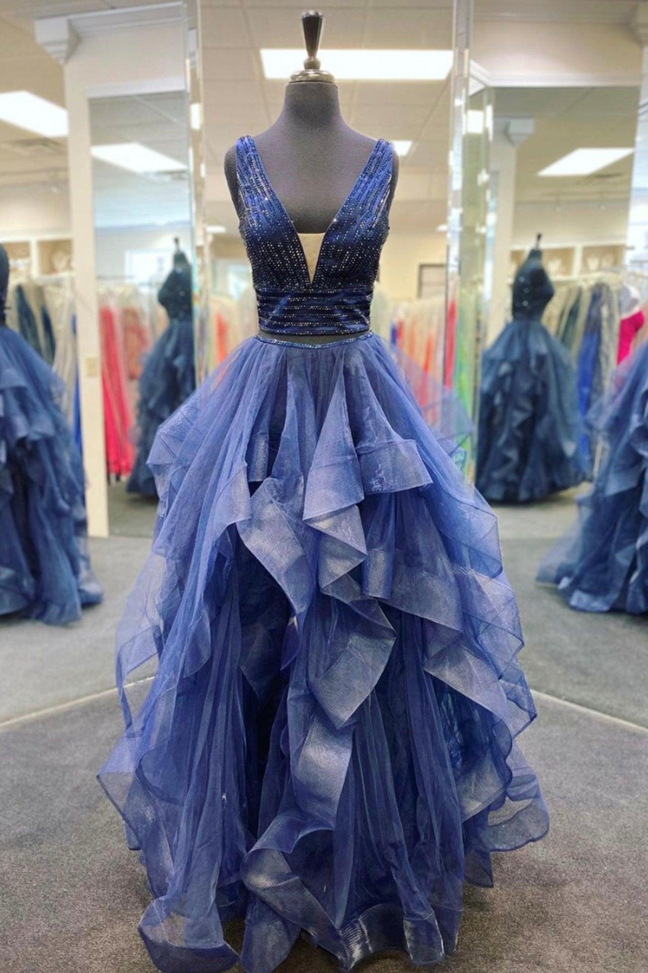 Party Dress Inspo, Blue Tulle Beading Long Prom Dresses, A-Line Two Pieces Evening Dresses