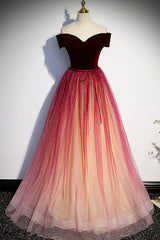 Evening Dresses Lace, Burgundy Velvet Tulle Long Prom Dresses, Off the Shoulder Formal Evening Dresses