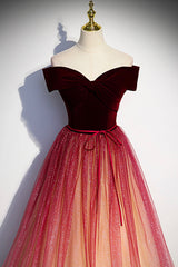 Evenning Dresses Short, Burgundy Velvet Tulle Long Prom Dresses, Off the Shoulder Formal Evening Dresses