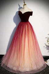 Evening Dresses Vintage, Burgundy Velvet Tulle Long Prom Dresses, Off the Shoulder Formal Evening Dresses