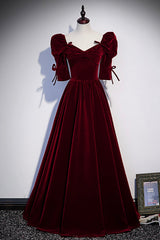 Flowy Prom Dress, Burgundy Velvet Long Prom Dresses, A-Line Short Sleeve Evening Dresses