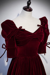 Dream Dress, Burgundy Velvet Long Prom Dresses, A-Line Short Sleeve Evening Dresses