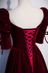 Elegant Dress For Women, Burgundy Velvet Long Prom Dresses, A-Line Short Sleeve Evening Dresses