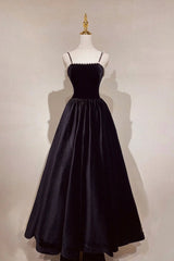 Bridesmaids Dress Short, Black Velvet Pearls Long Prom Dresses, Black A-Line Evening Party Dresses