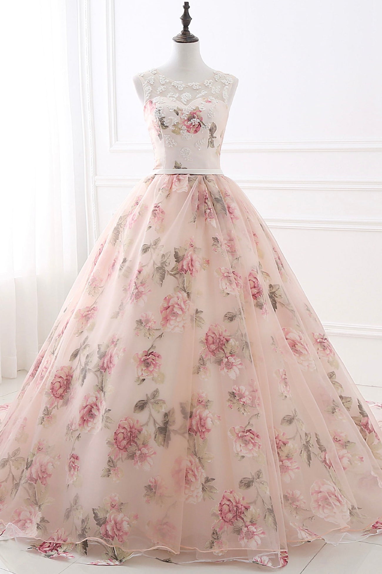 Bridesmaid Dresses Style, Pink Floral Pattern Lace Long Prom Dress, A-Line Formal Dress