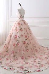 Bridesmaids Dress Style, Pink Floral Pattern Lace Long Prom Dress, A-Line Formal Dress