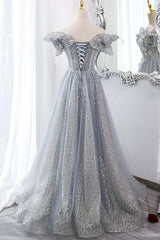 Prom Dress Sites, Gray Tulle Lace Long Prom Dresses, A-Line Sequins Evening Dresses