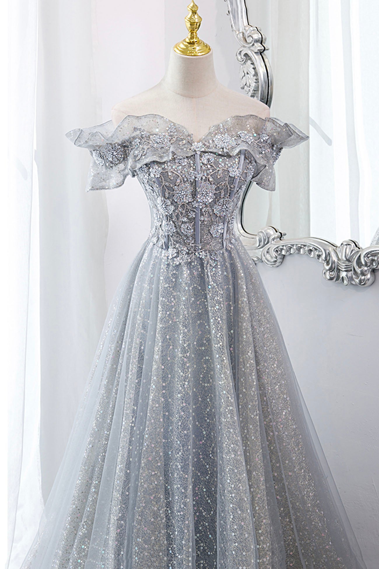 Prom Dresses Websites, Gray Tulle Lace Long Prom Dresses, A-Line Sequins Evening Dresses