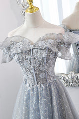 Prom Dress Websites, Gray Tulle Lace Long Prom Dresses, A-Line Sequins Evening Dresses