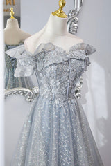 Prom Dresses Sites, Gray Tulle Lace Long Prom Dresses, A-Line Sequins Evening Dresses