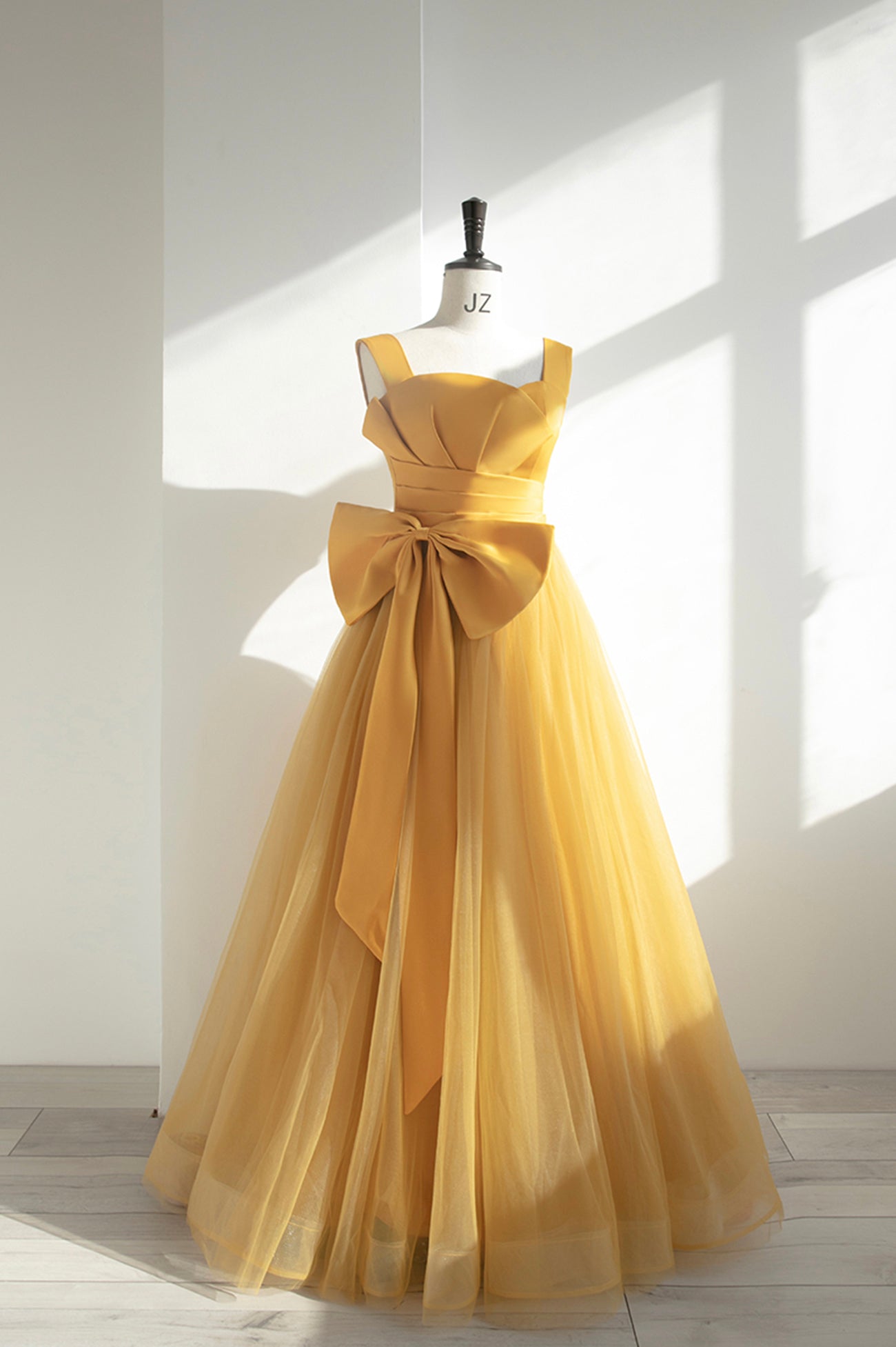 Party Dress Brown, Yellow Satin Tulle Long Prom Dress, A-Line Evening Dress with Bow