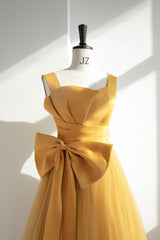 Party Dress Beige, Yellow Satin Tulle Long Prom Dress, A-Line Evening Dress with Bow