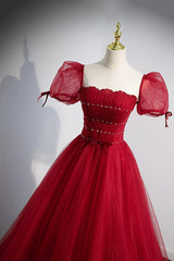 Party Dress Design, Red Beaded Tulle A-Line Long Formal Dress, Red Prom Dress