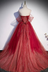 Formal Dresses Floral, Burgundy Sweetheart Neckline Tulle Long Prom Dress, A-Line Evening Dress