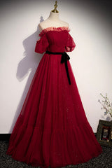 Formal Dresses Long Sleeves, Burgundy Tulle Long Prom Dresses, A-Line Evening Dresses