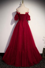 Formal Dresses For Middle School, Burgundy Tulle Long Prom Dresses, A-Line Evening Dresses