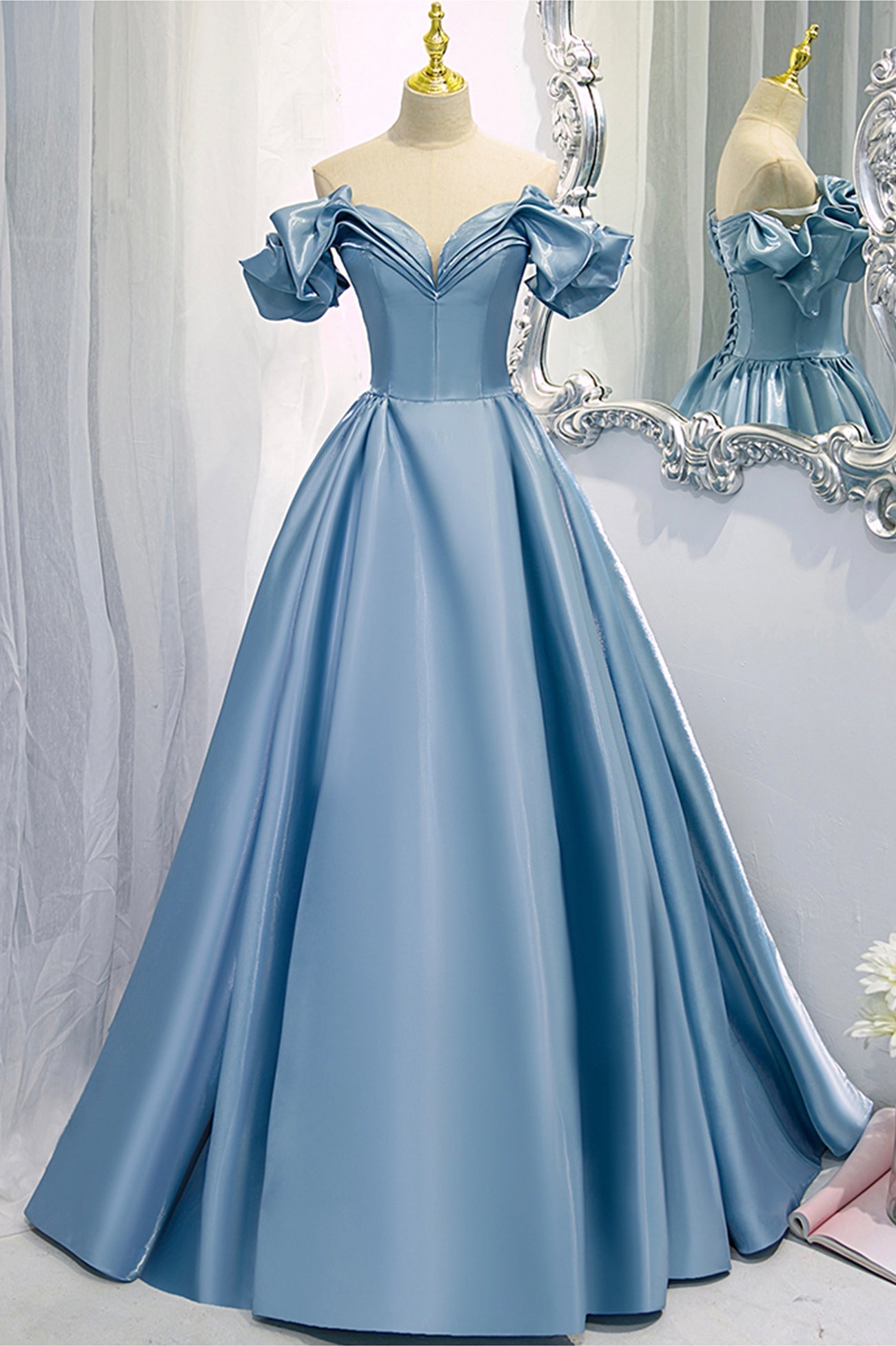 Party Dress Jeans, Blue V-Neck Satin Long Prom Dress, Off the Shoulder Evening Dress