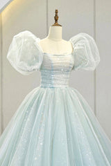 Red Carpet Dress, Lovely Puff Sleeve Tulle Formal Evening Gown, A-Line Long Prom Dress