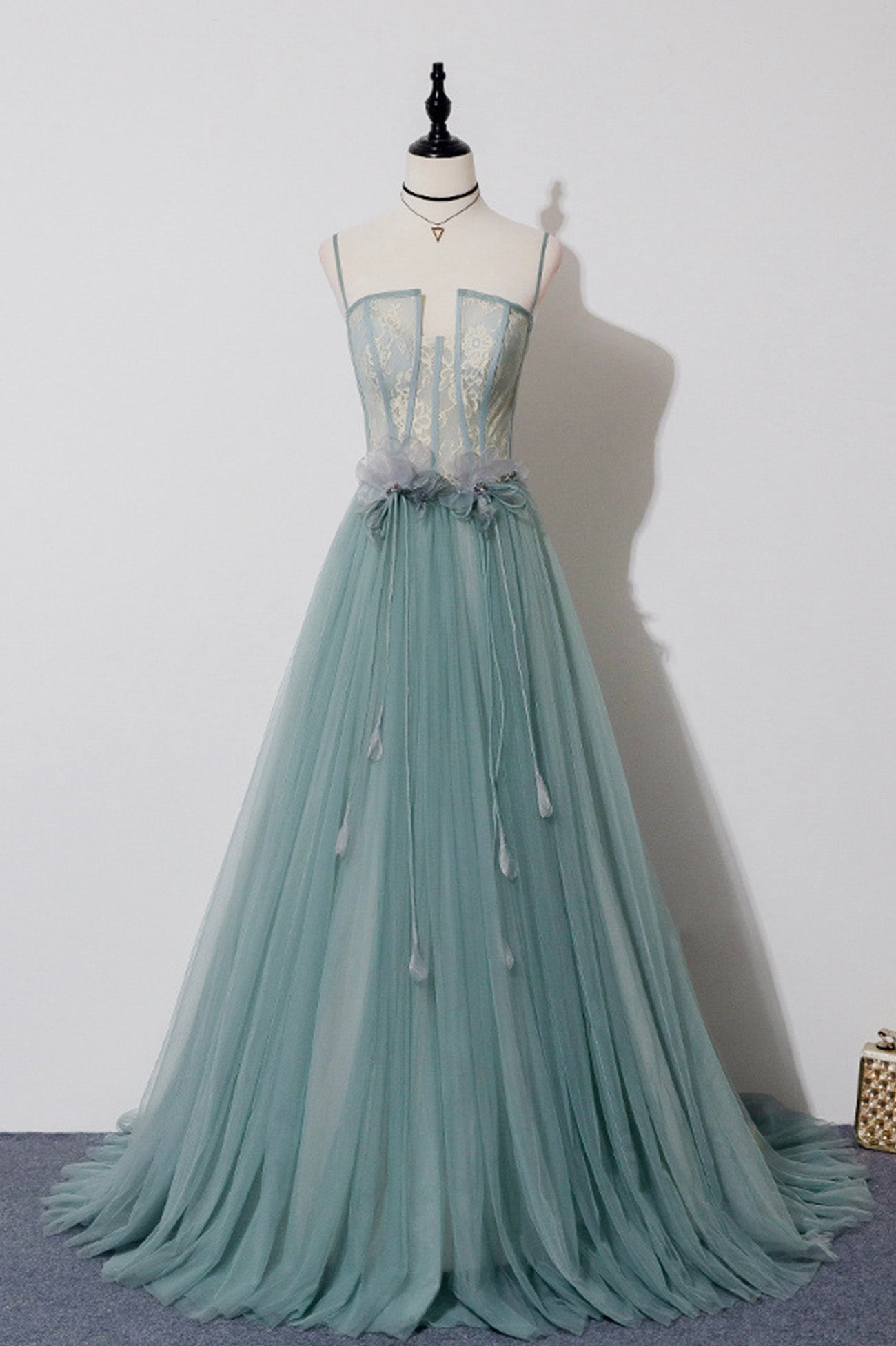 Prom Dresse Princess, Green Lovely Tulle Straps Long A-Line Prom Dresses, Green Evening Dresses