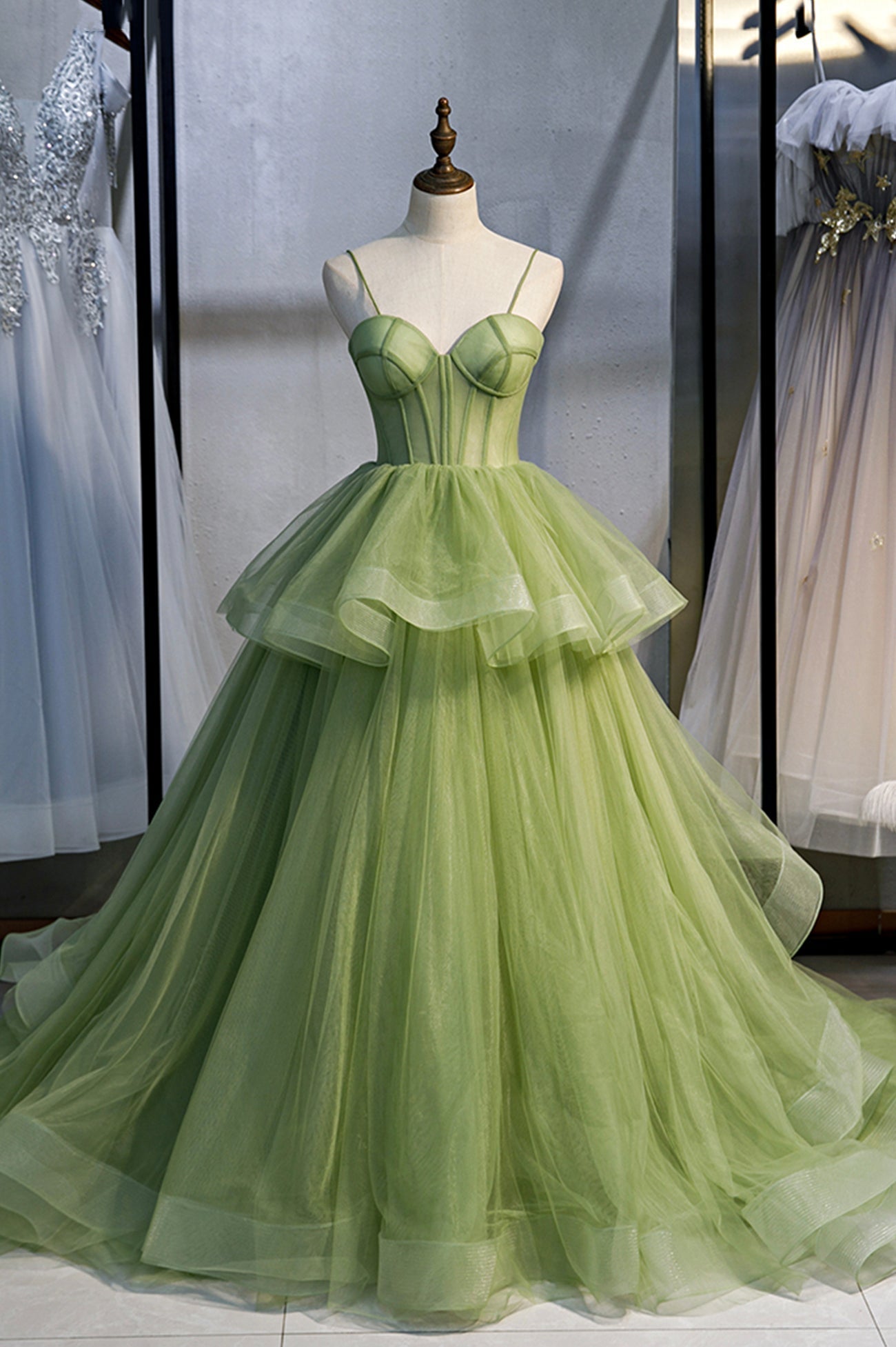 Prom Dress Glitter, Green Tulle Long Prom Dresses, A-Line Evening Dresses with Train