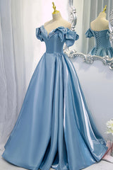 Party Dress For Baby, Blue V-Neck Satin Long Prom Dress, Off the Shoulder Evening Dress