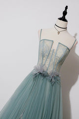 Prom Dress Princess, Green Lovely Tulle Straps Long A-Line Prom Dresses, Green Evening Dresses