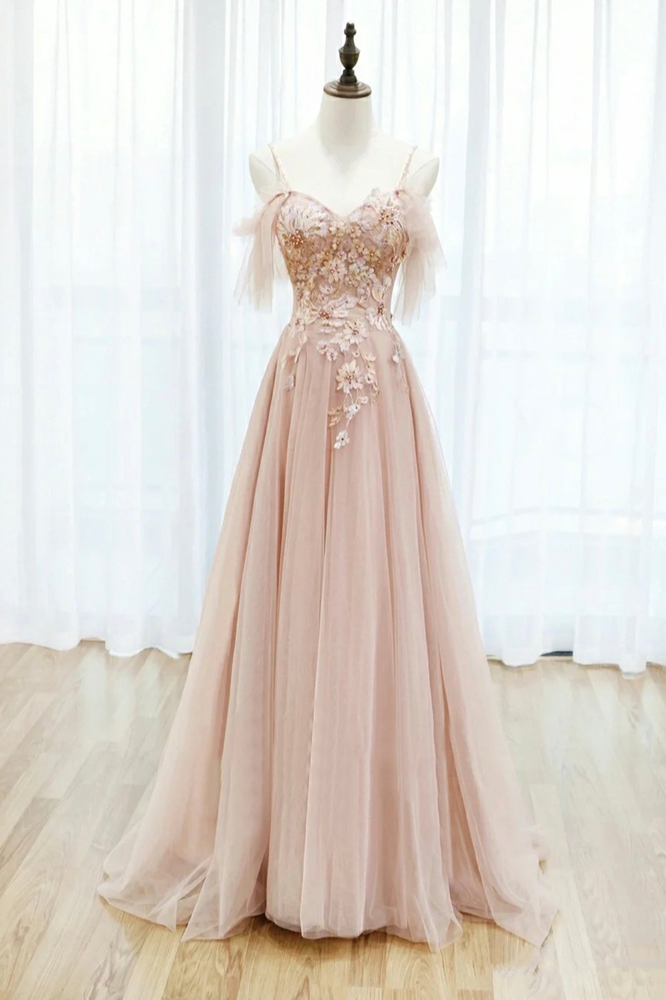 Bridesmaid Dress Uk, Pink Tulle Lace Long A-Line Prom Dress, Spaghetti Strap Formal Evening Dress