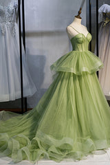 Prom Dresses Long With Slit, Green Tulle Long Prom Dresses, A-Line Evening Dresses with Train