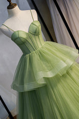 Prom Dress Long With Slit, Green Tulle Long Prom Dresses, A-Line Evening Dresses with Train