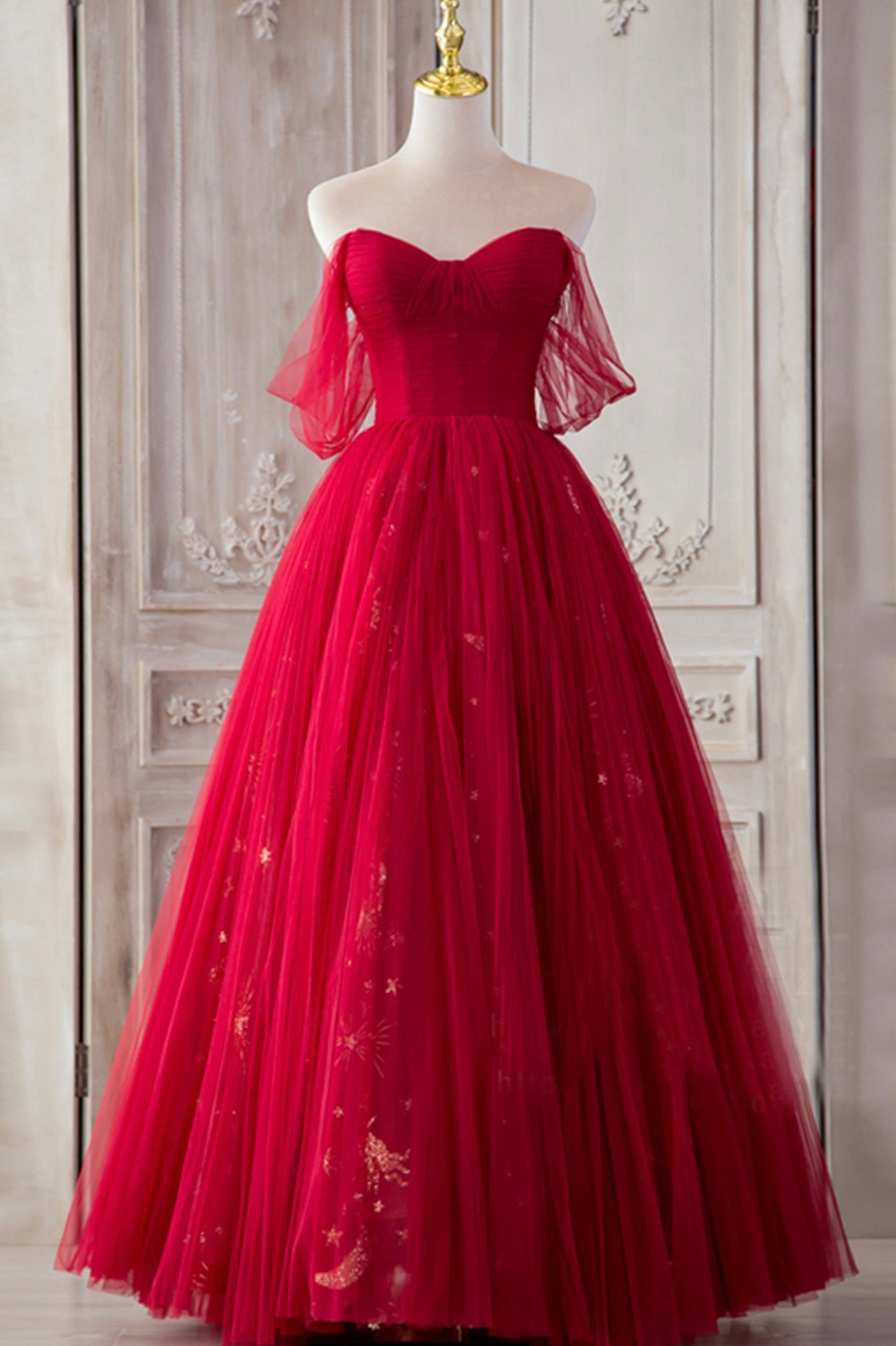Party Dress Style Shop, Red Tulle Long Prom Dresses, A-Line Off the Shoulder Formal Dresses