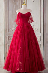 Party Dress Style Shop, Red Tulle Long Prom Dresses, A-Line Off the Shoulder Formal Dresses